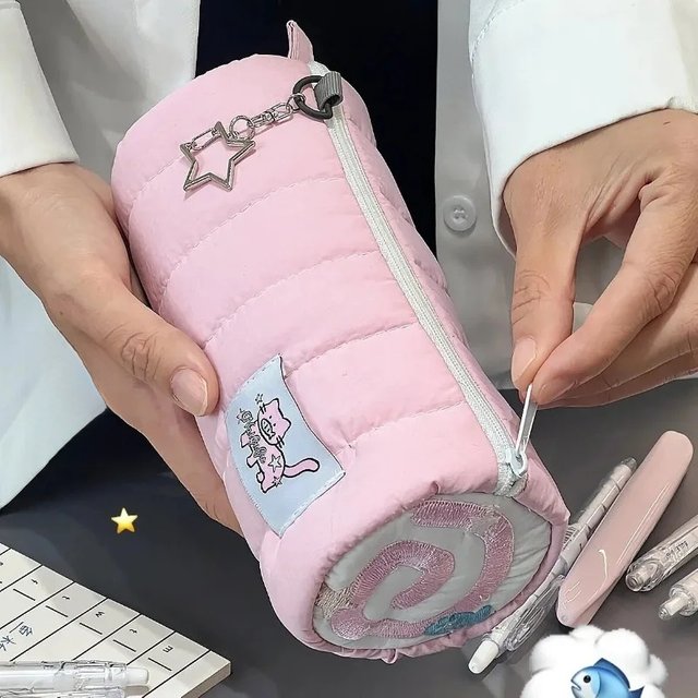 Pink Towel Roll Pencil Case Kawaii Soft Pen Storage Bag Cosmetic Pouch Cartoon Large Capacity Student Stationery School Supplies