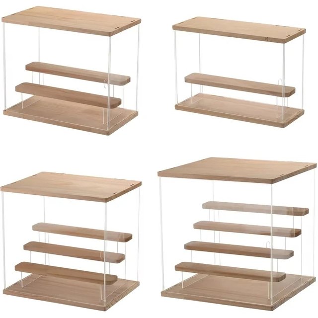 Clear Acrylic Display Cabinet With Solid Wood Step Stand for Blind Box Toy and Action Figure, Dustproof Storage Box for Cosmetic