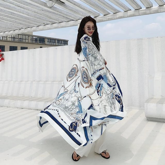 Sunscreen Beach Scarf Seaside Silk Scarf Versatile Summer Thin Oversized Shawl Dual-purpose Scarf Girls Travel Decorative Scarf