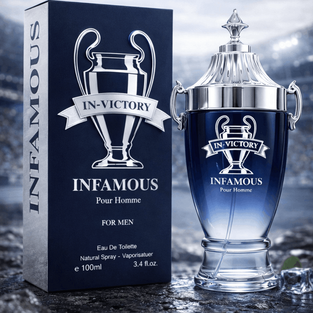 In-Victory Infamous Eau de parfum pour Homme 100 ml - Fragrance Couture. Parfum intense et moderne avec des notes d'agrumes, aromatiques et boisées, équilibré par une base chaude et épicée.