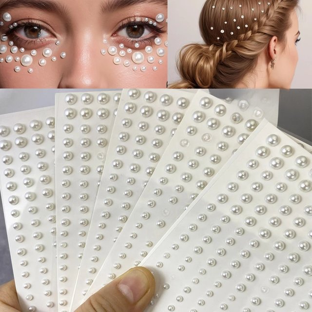 4/5/8Pcs 3D Half-Round Pearls Face Gems Tattoo Stickers Self Adhesive Hair Body Gems Rhinestone Stickers for Face, Eye, Makeup