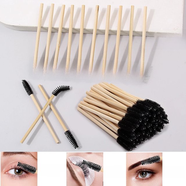 25/50/100PCS Natural Bamboo Eyelash Brushes, Makeup Applicator Kit, Eyebrow & Lash Brush Set, Portable Cosmetic Tools