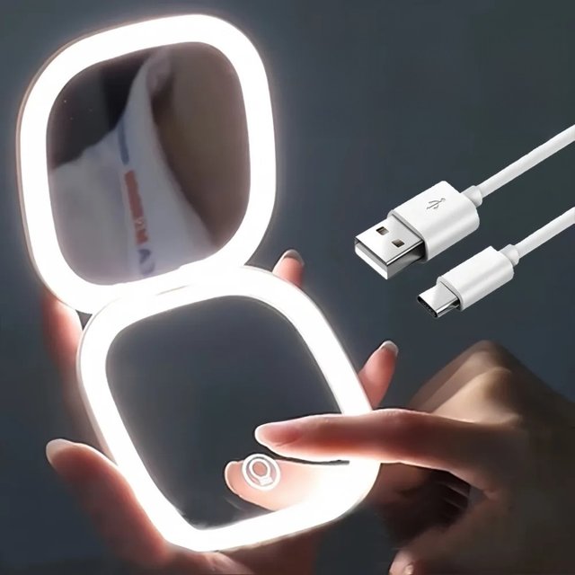 Double Sided LED Makeup Mirror Adjustable Color 3x Magnification USB Charging Portable Folding Mirror for women's Outdoor Use