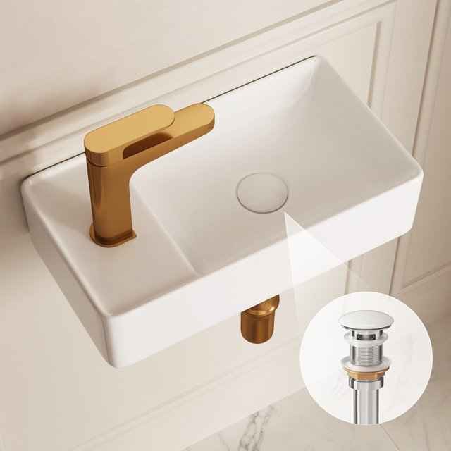 DeerValley Wall Hung Basin, White Wall Mounted Bathroom Sink 45.5 X 25cm with Pop Up Drain, Compact Hand Wash Basin, Space Saving Cloakroom Sink for Guest WC, Ensuite & Small Bathroom