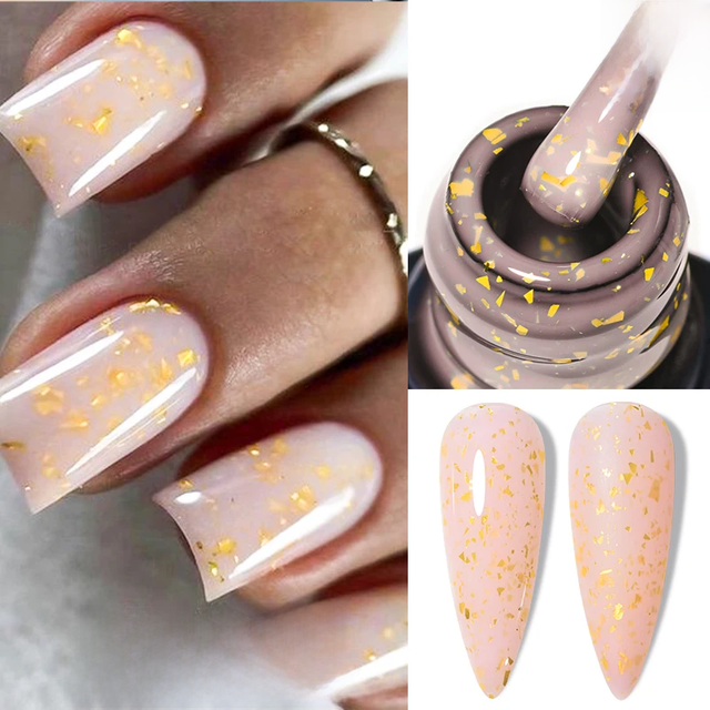 MEET ACROSS 7ml Gold Foil 3 In 1Quick Extension Gel Nail Polish Nude Pink Gold Milky White Glitter UV Gel Finger Prolong Varnish