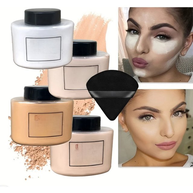 Luxury Matte Finish Loose Powder with Triangle Beauty Sponge Set, Oil Control, Lightweight Concealer, Waterproof , Reduces Shine