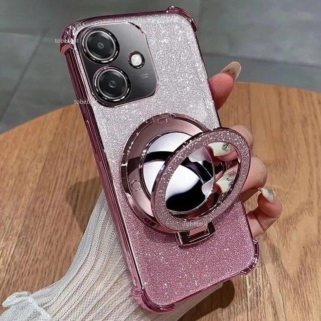 Glitter Shockproof Silicone Case For Huawei Honor 400 Lite Mirror Makeup Magnetic Holder Stand Soft Cover