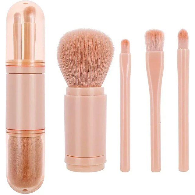 4in1 Travel Makeup Brushes Set Retractable Kabuki Brush and 3 Small Brushes For Eye With Soft Bistles Small Portable For Touchup