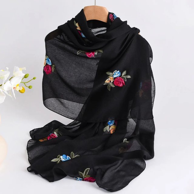 Spring and Summer Lightweight Breathable Cotton and Linen Embroidery Scarf Ethnic Style Fashionable Soft Women's Sunscreen Scarf