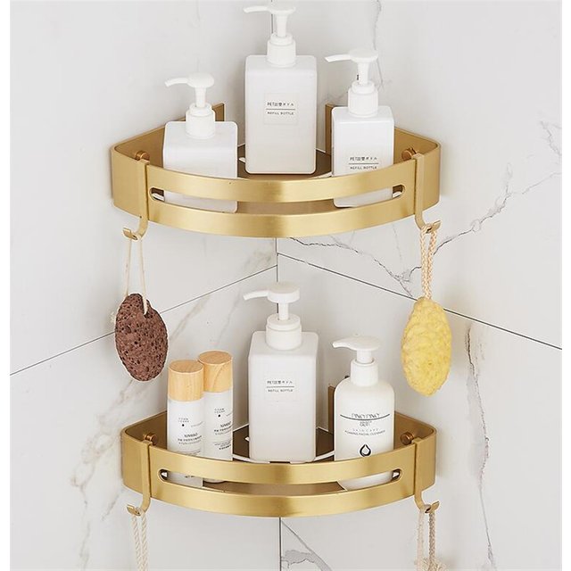 Étagère d'angle murale pour salle de bain, en aluminium brossé doré, pour douche, porte-shampooing, étagère d'angle