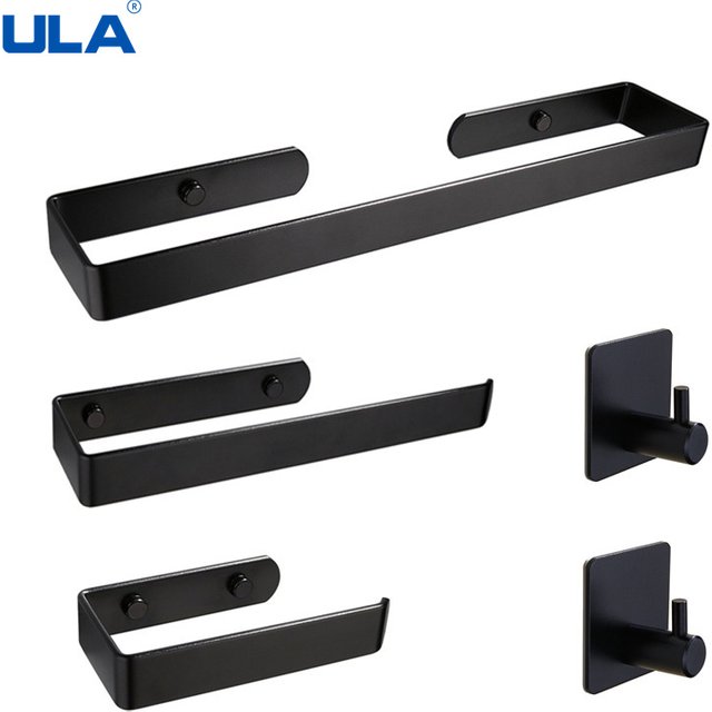 ULA Free Drill Black Bathroom Hardware Set Robe Hook Towel Rail Rack Bar Shelf Tissue Paper Toothbrush Holder Bath Accessories