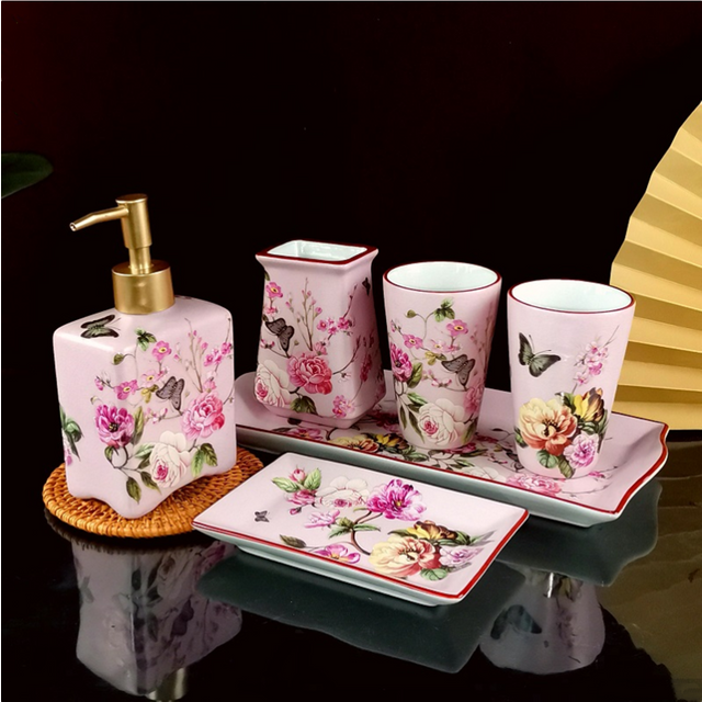Pink Rose Pattern Bathroom Accessories Set Ceramic Toothbrush Holder Soap Dispenser Soap Dish Bathroom Cup Wedding Gift