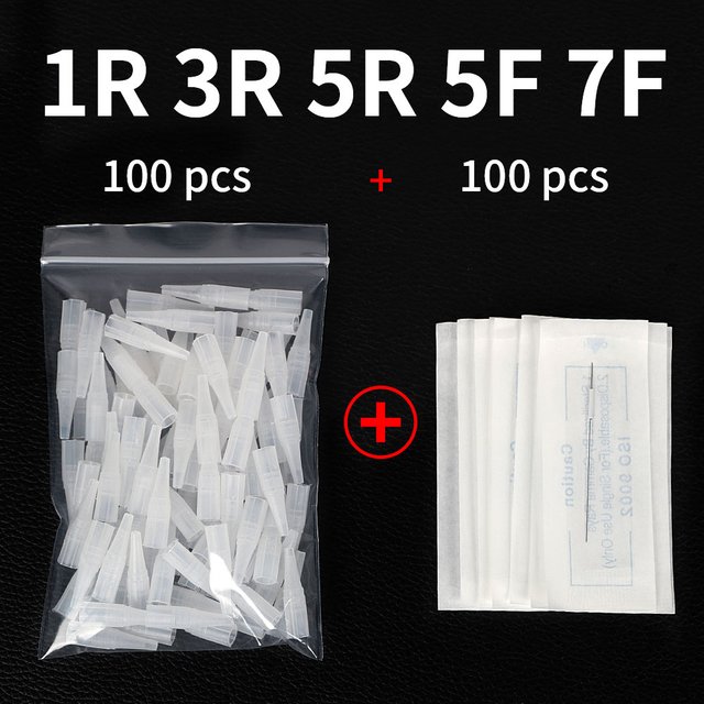 100PCS 1R 3R 5R 5F 7F Tattoo Needles+100Pcs Needle Cap Tips Disposable Microblading for Permanent Makeup Eyebrow Tattoo Machine