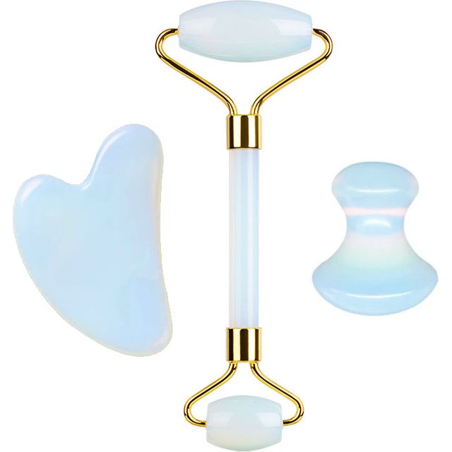 Natural Opal Facial Massage Roller Gouache Scraper Set Gouache Stone Roller Massager For Face Gua Sha Scraper Anti Wrinkle Tools