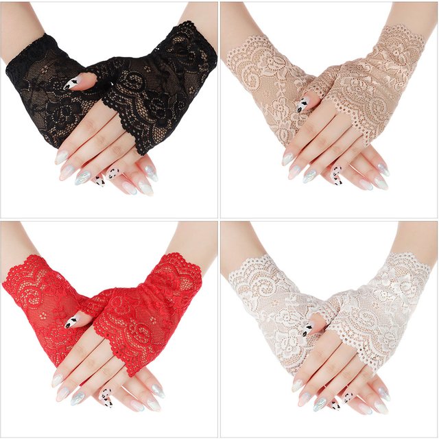 1Pair Fashion Women Lace Gloves Elastic Spring Summer Sunscreen Short Fingerless Driving Gloves Half Finger Mittens