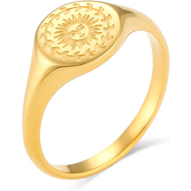 E.B.belle Creative Eagraved Facial Expression of Moon Sun Star Gold Plated Ring Tarnish Free Stainless Steel Godness Signet Ring