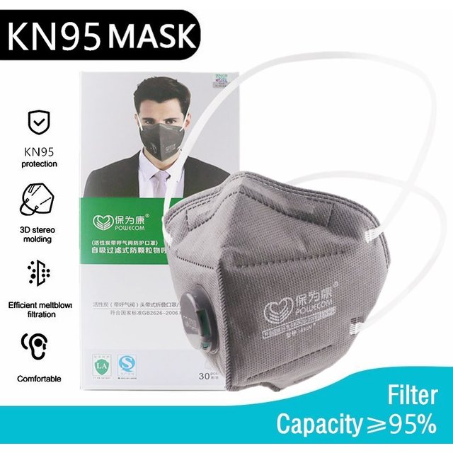 Powecom KN95 Facial Mask Activated Carbon 6 Layers Filtering Headband 1890V Breath Valve Individually Wrapped Industrial Dust