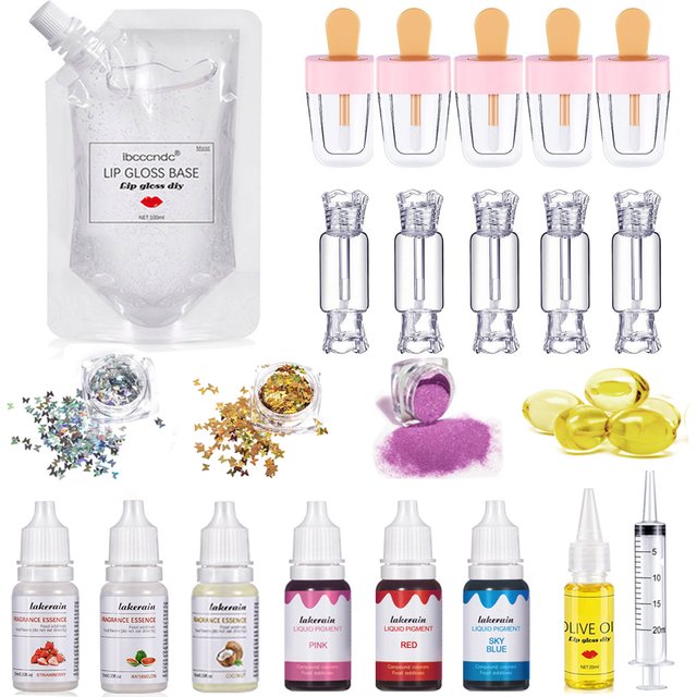 DIY Lip Gloss Kit Moisturizing Clear Lip Gloss Base Gel 100ml with Lipgloss Tubes Pigment Powder Glitter Flavor Essence Oils