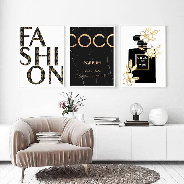 Affiche de luxe avec citations de Coco, impression de fleurs dorées, parfum, peinture sur toile d'art mural, image moderne et tendance pour décor de salon