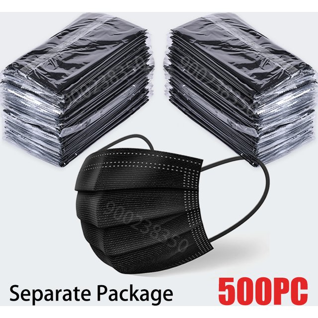 10/50/100/200/500 Pcs Mask Disposable Separate Package Black Face Masks Independent Packaging 3 Layer Ply Safe Protective Mask