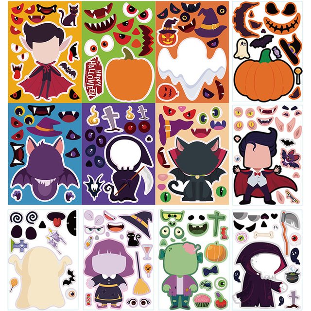 6/12/24Sheets Funny Puzzle Stickers For Kids DIY Your Own Halloween Facial Expression Assemble Stickers Boys Girls Party Gifts