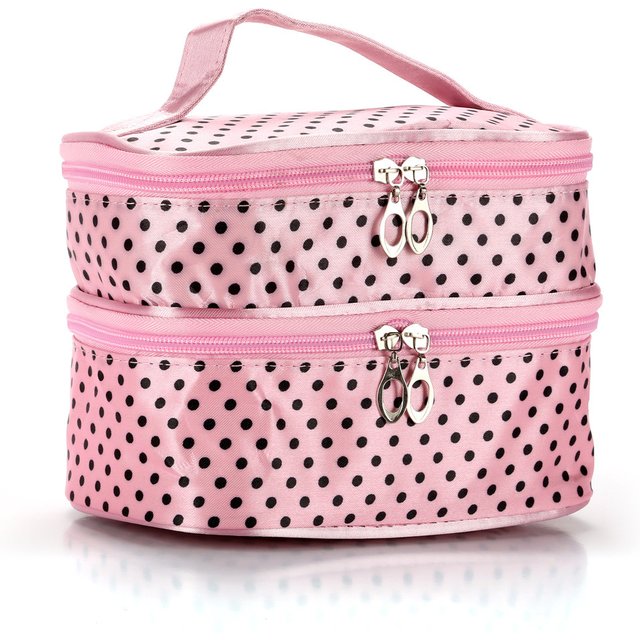 Travel Waterproof Portable Women Polka Two-layer Makeup Bag High Capacity Organizer Storage Cosmetic Cases Zipper Beauty Pouch