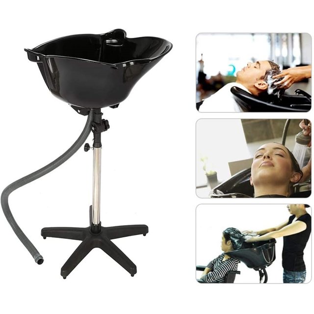 Salon Basin Shampoo Sink with Drain, Portable Stainless Steel Pipe Support Adjustable Height Barbershops Hair Backwash Bowl
