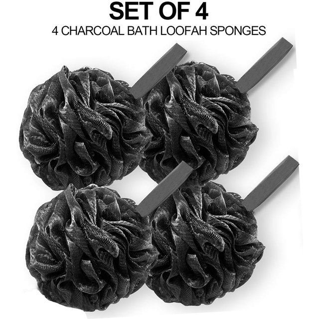 Shower Puff 4 Pack Black Bath Sponge Shower Loofahs Pouf Ball Nature Bamboo Charcoal Mesh Bulk, Shower Essential Skin Care