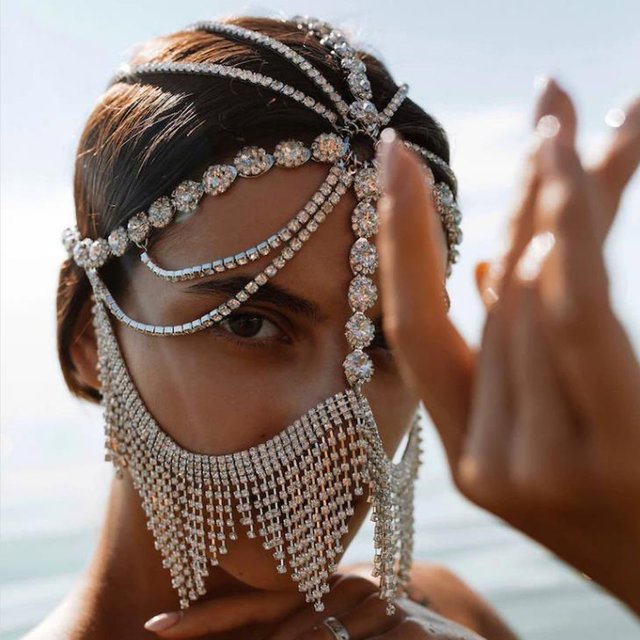 Masques en voile à franges pour femmes, couvre-chef, chaînes en strass, masque facial, Costume de