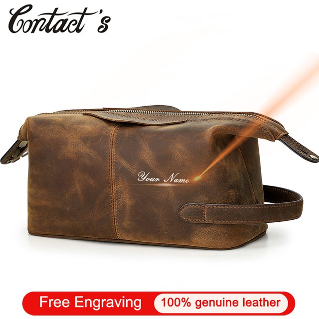 Contact's Crazy Horse Leather Cosmetic Bag for men Toiletry Bags Male Makeup Pouch Vintage Travel Wash Storage Large Capacity