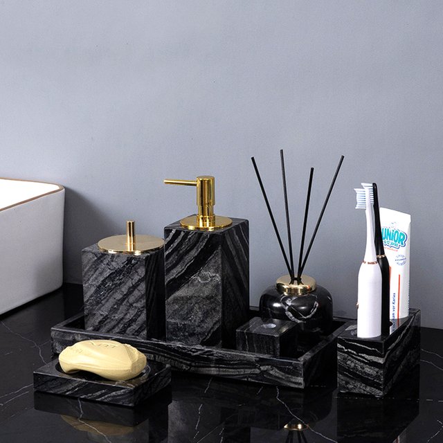 Ancient Wood Grain Natural Marble Bathroom Set Retro Antique Luxury Soap Dispenser Toothbrush Holder Tray Bathroom Accessories