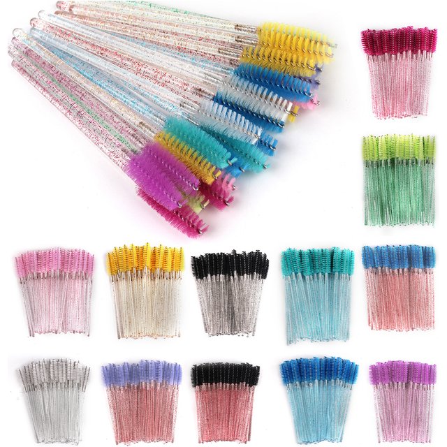 100pcs Disposable Eyelash Brush Crystal Eye Brush Diamond Handle Mini Mascara Wands Brush Professional Beauty Tool