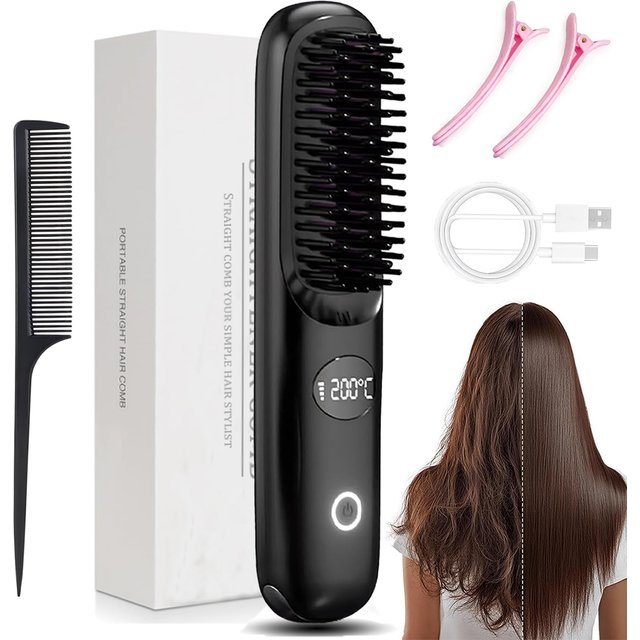 Cordless Hair Straightener Brush Portable Mini Straightening Brush for women Fast Heating Hair for Travel Smooth Frizz Hair