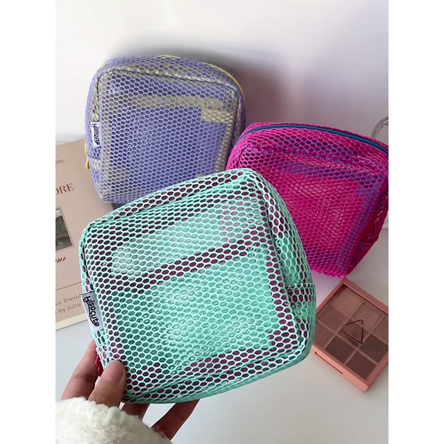 Square Mesh Cosmetic Bag, Portable Square Cosmetic Storage Bag With Zipper, Multi-purpose Sundries Storage Bag