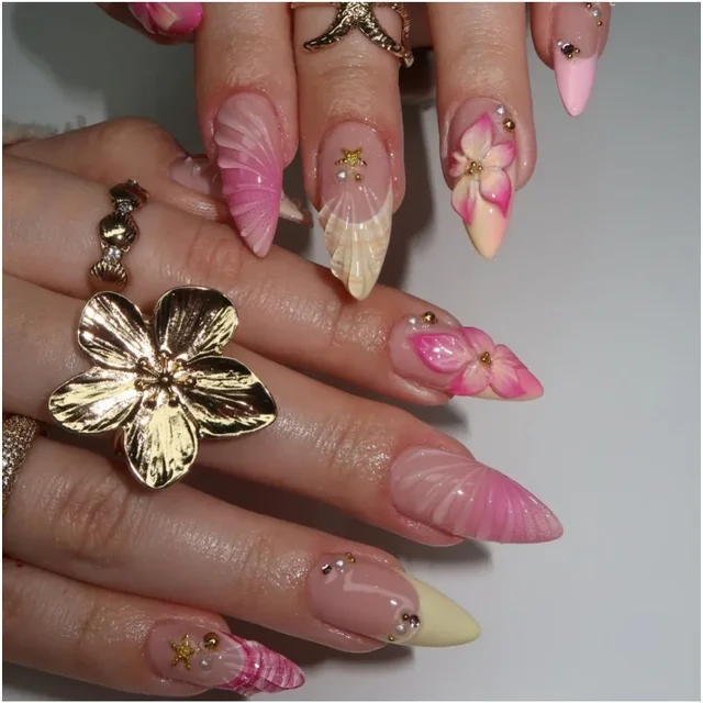 24PCS Pink Blush Almond Press on Nail with 3D Flowers Sweet Yellow French Diamonds Fake Nails for women Artificial Wearable Tips