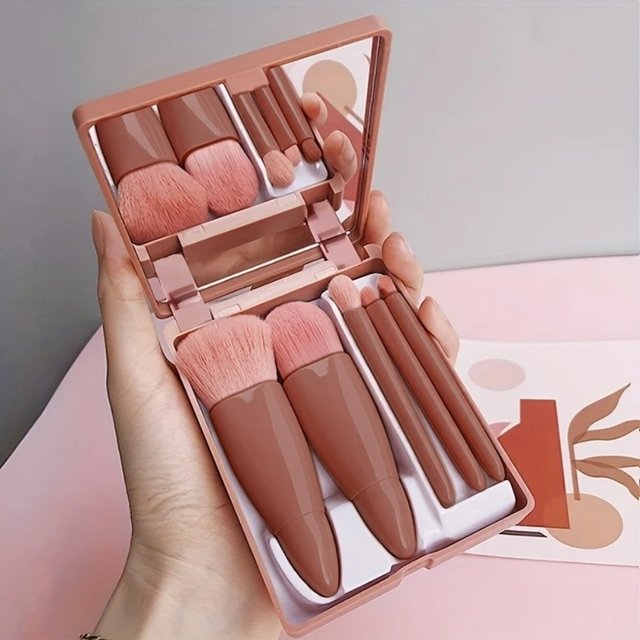 Cosmetic Brush 5PCS Portable Makeup Brush Travel with Mirror Box Makeup Set Brush Loose Powder Brush Blush Brush Eyeshadow Brush