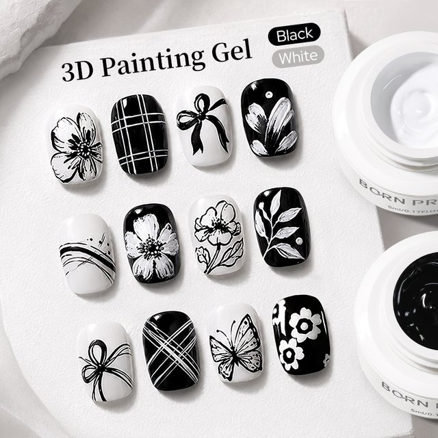 BORN PRETTY Black White 3D Painting Gel Nail Polish Strong Coverage Flower Line Soak Off UV LED Drawing Modeling Gel Varnish