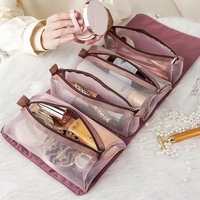 4 in 1 Cosmetic Bag for women Zipper Mesh Separable Cosmetics Pouch Ladies Foldable Nylon Bag Rope Makeup Bag Kosmetyczka