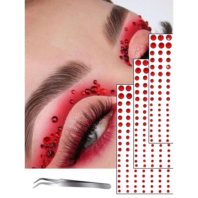 3 Sheets Christmas Red Face Gems Self-Adhesive Stickers Eye Jewels Rhinestone 3/4/5/6mm DIY Makeup Fake Piercing Body Jewelry