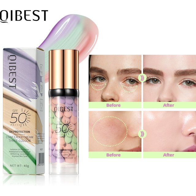 QIBEST Three Color Liquid Concealer Mixed Isolation Lotion Makeup Skin Tone Brightening Primer Base Foundation Concealer Nourish