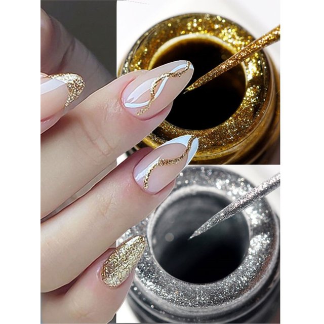 10ml 5D Reflective Glitter Gel Nail Polish Gold/Silver Nail Liner Gel Polish with Thin Brush French Tips Manicure Painting DIY