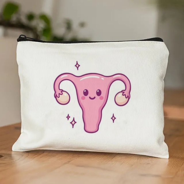 Cute Cartoon Uterus Makeup Bag Wallet Blush Pink with Smiling Uterus & Heart Confetti Fun Ideal Gift for OBGYNs & Midwives