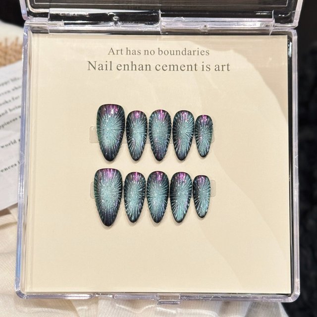 10pcs Handmade Press on Nails American Cat's Eye Y2K Fake Nail Decor Almond Tips Wearable Blush French Laser False Nails Long