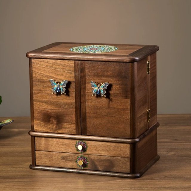 Black Walnut Vanity Makeup Storage Cabinet with Butterfly Decor Multi Layer Drawers Home Organizer Furniture
