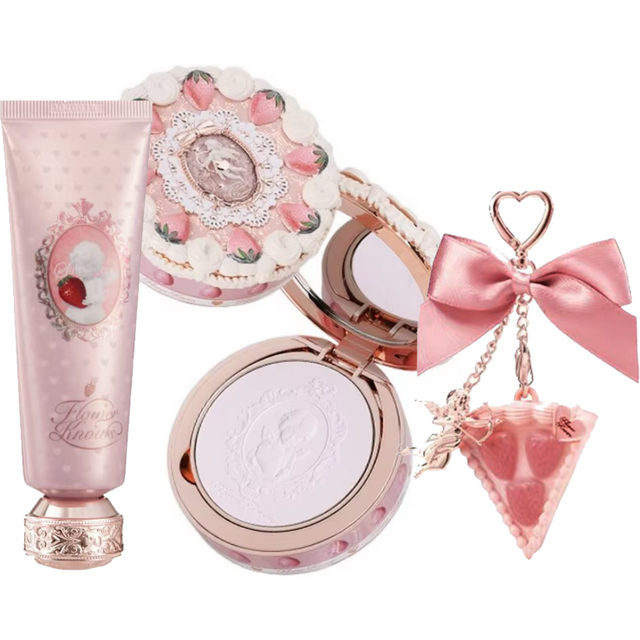 Flower Knows – ensemble de fond de teint en poudre, cupidon aux fraises, couverture complète, poudre compacte, parfum solide, crème pour les mains, coffret cadeaux pour femmes