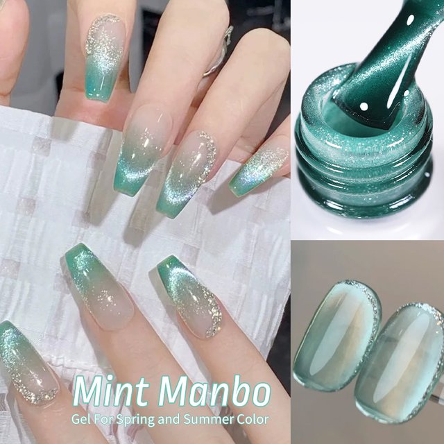 BORN PRETTY Mint Green Color Cat Magnetic Gel Nail Polish Sparkling Glitter Gel Semi Permanent 10ml for Summer Manicure DIY