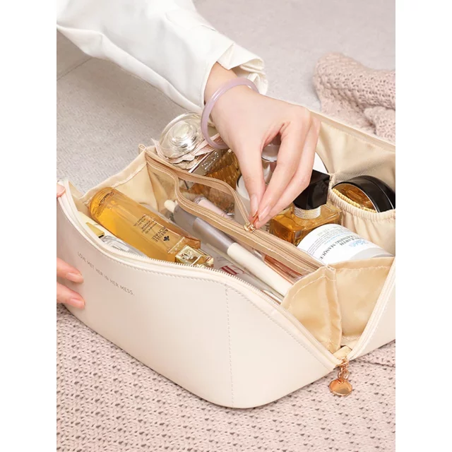 Travel Makeup Bag, Large Capacity Women's Makeup Bag, Waterproof Portable Bag Open Flat Wash Bag, With Divider and Handle
