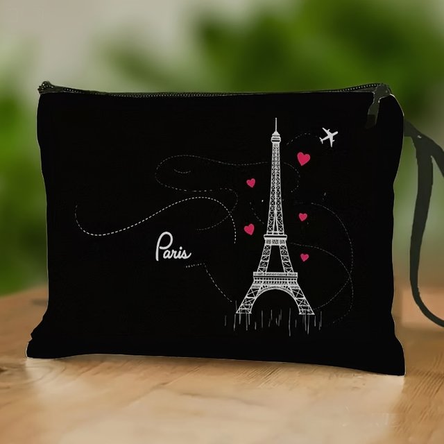 Cosmetic Bag Featuring The Eiffel Tower in Paris, with a Travel Pouch Adorned with Airplane And Heart Patterns for Organizing To