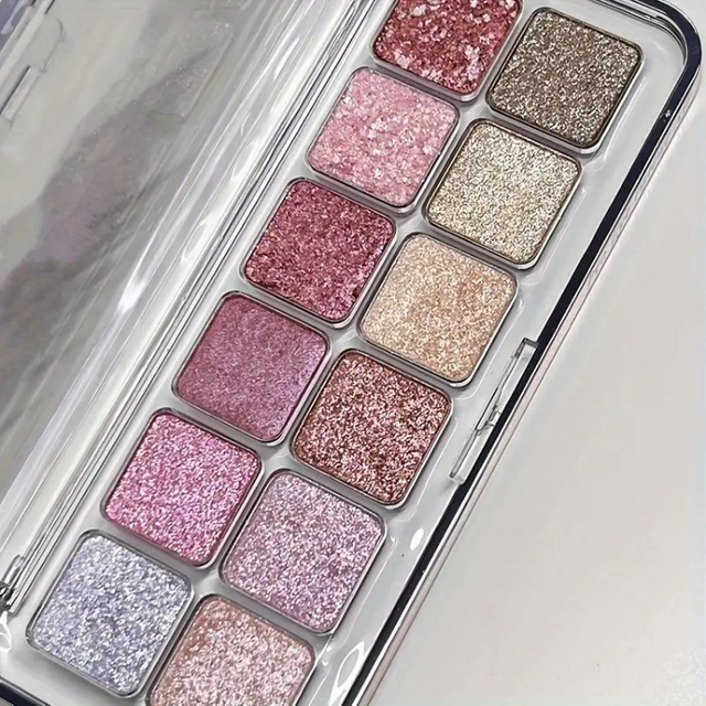 12-Color Sparkle Eyeshadow Palette with Shimmering Pearlescent & Glitter Finishes for Stage Performances and Highlighting Makeup