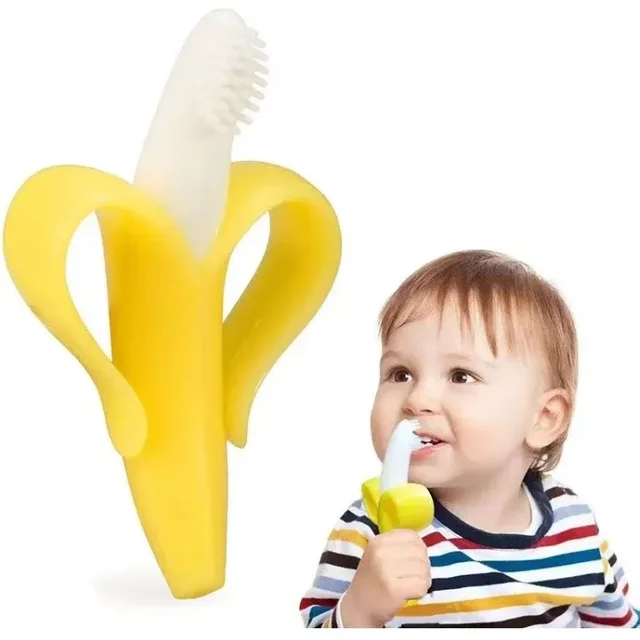 2 in 1 Kids Banana Shape Toothbrush Toddlers Teether Silicone Training Toothbrush BPA Free Teething Chew Baby Dental Care